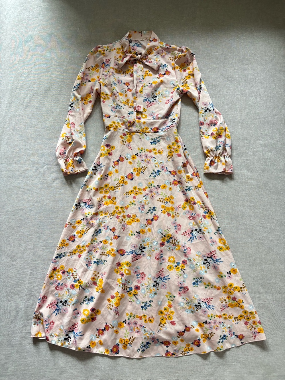 Pink Floral Tie-Neck Long Sleeve Maxi Dress
